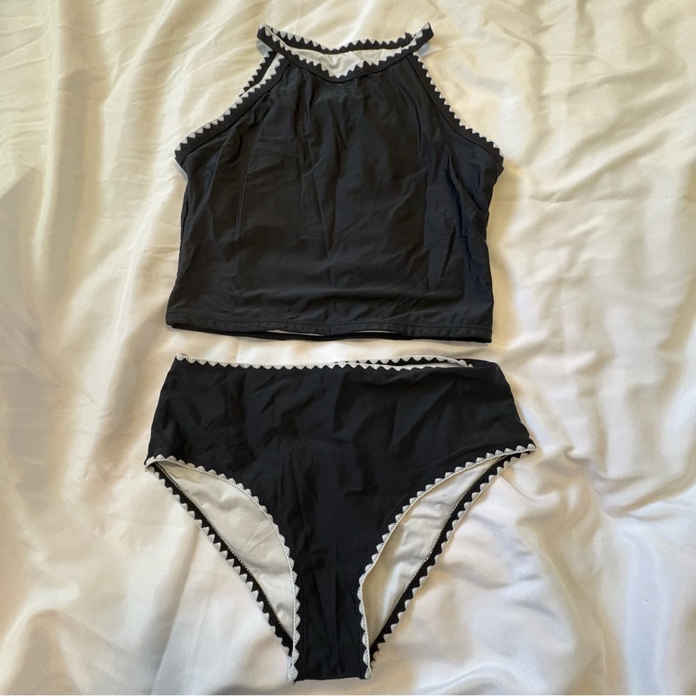 Black High-Neck Two-Piece Bikini Set with White Trim